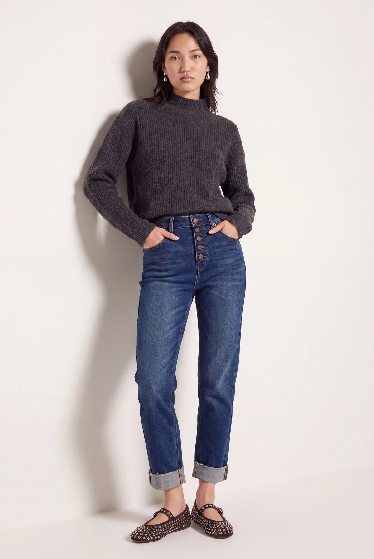 Dark Wash $|& Herizon Phoebe High Rise Mom Jeans with Button Fly