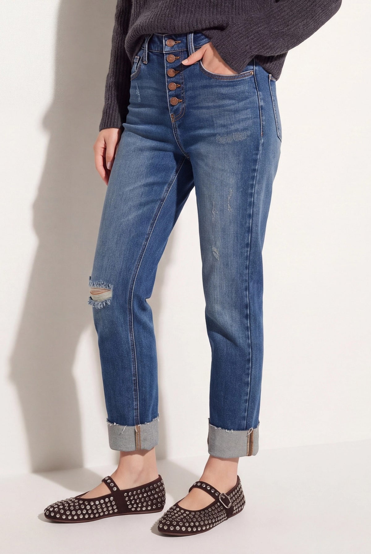 Dark Wash $|& Herizon Phoebe High Rise Mom Jeans with Button Fly