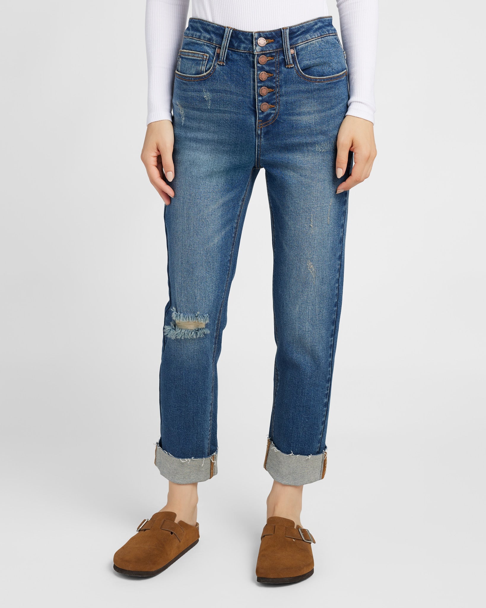 Dark Wash $|& Herizon Phoebe High Rise Mom Jeans with Button Fly - SOF Front