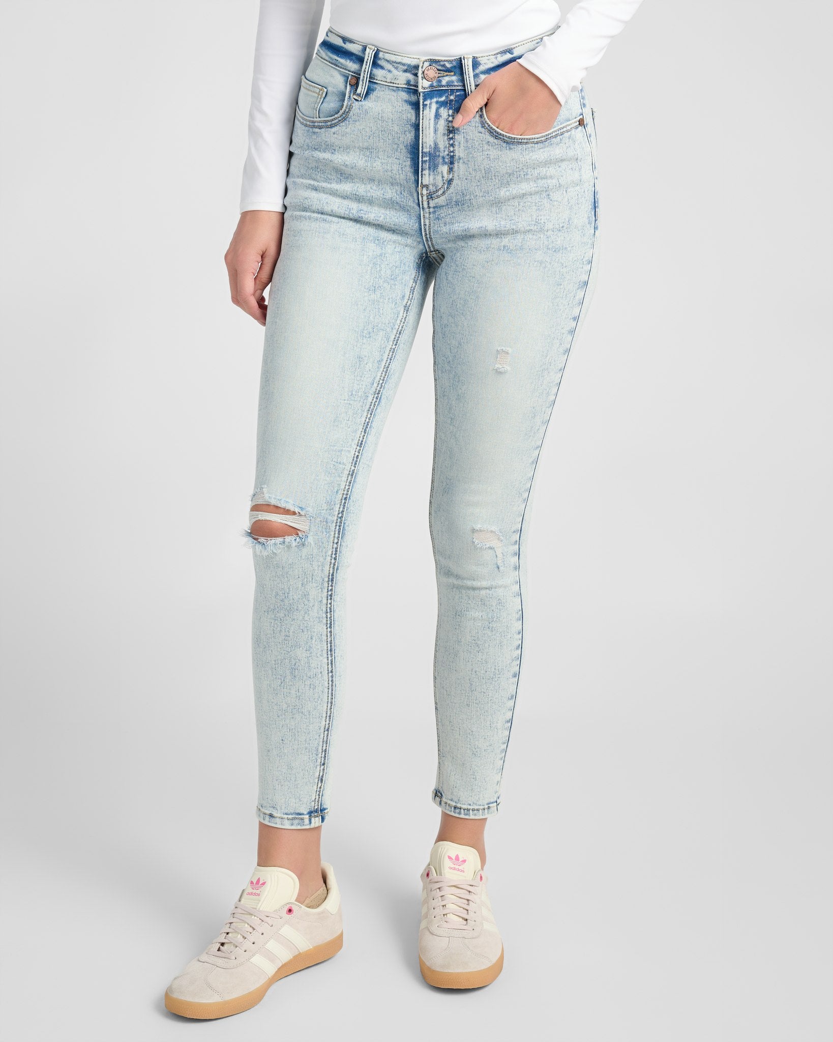 High fashion rise destroyed jeans