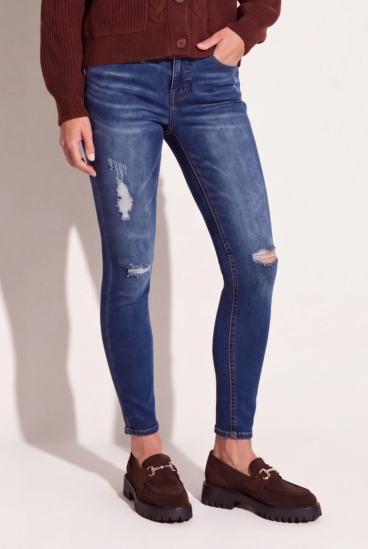 Dark Wash $|& Herizon Suzi Mid Rise Distressed Skinny Jeans - SOF Front
