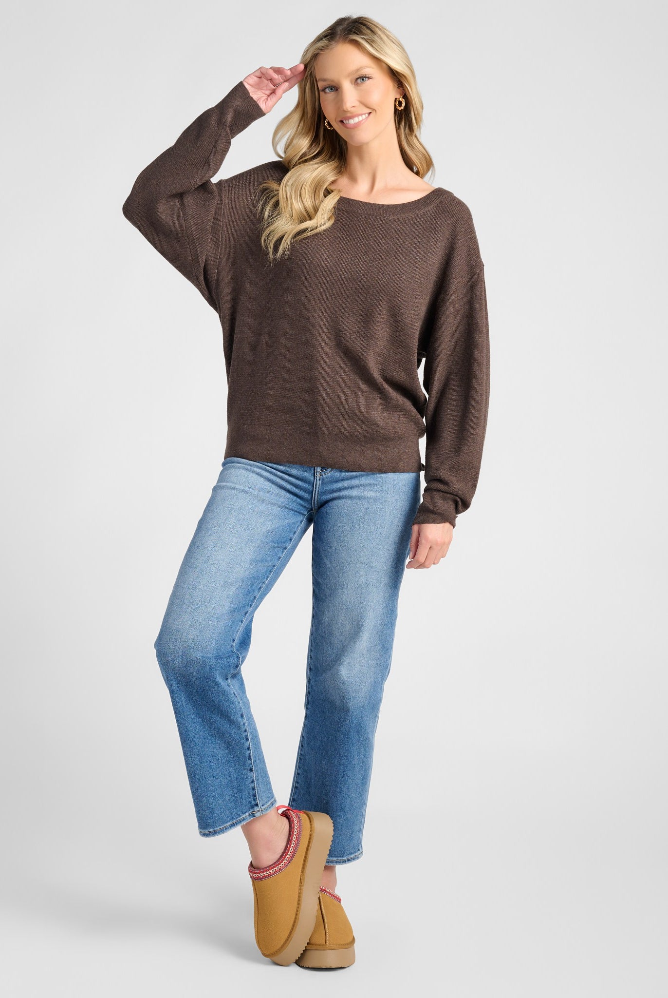 Seal Brown $|& Herizon Wanderer Waffle One Shoulder Sweater - SOF Full Front