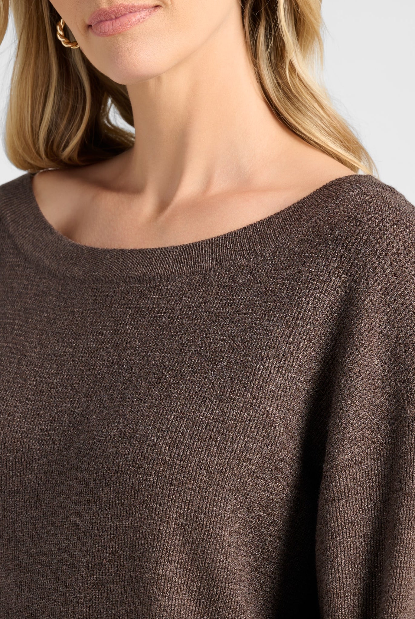 Seal Brown $|& Herizon Wanderer Waffle One Shoulder Sweater - SOF Detail