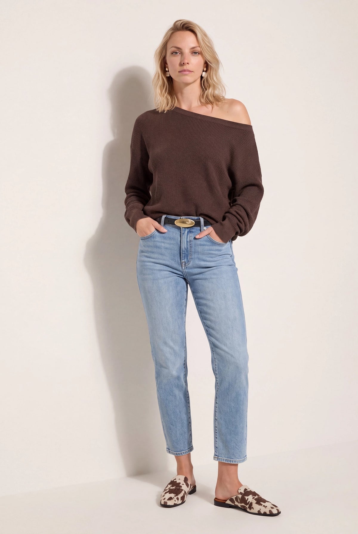 Seal Brown $|& Herizon Wanderer Waffle One Shoulder Sweater - SOF Back