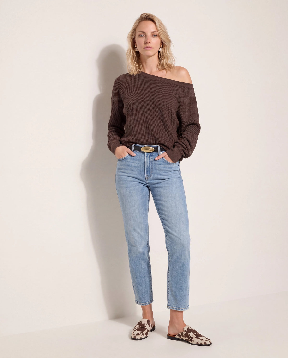 Seal Brown $|& Herizon Wanderer Waffle One Shoulder Sweater - SOF Back