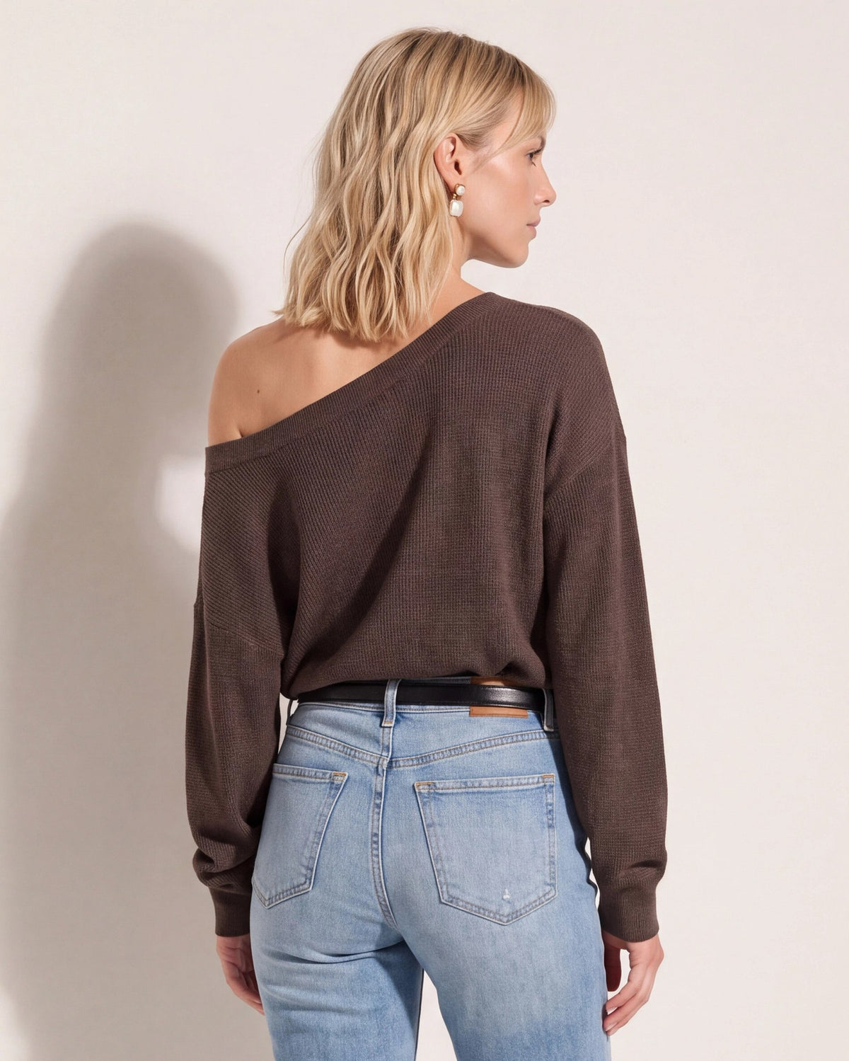 Seal Brown $|& Herizon Wanderer Waffle One Shoulder Sweater - SOF Side