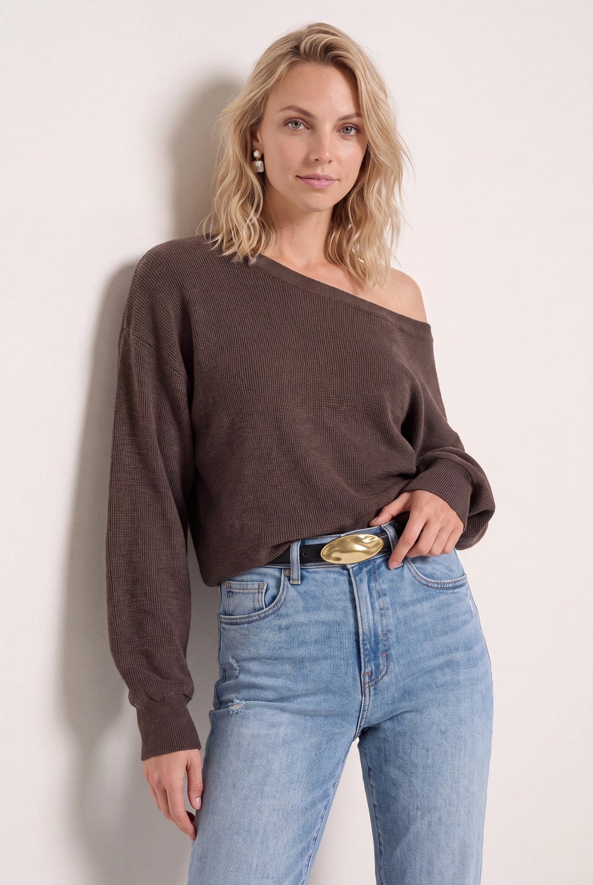 Seal Brown $|& Herizon Wanderer Waffle One Shoulder Sweater - SOF Front