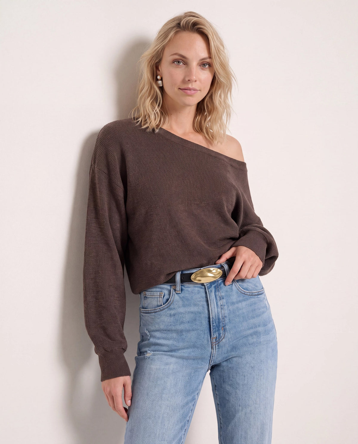 Seal Brown $|& Herizon Wanderer Waffle One Shoulder Sweater - SOF Front