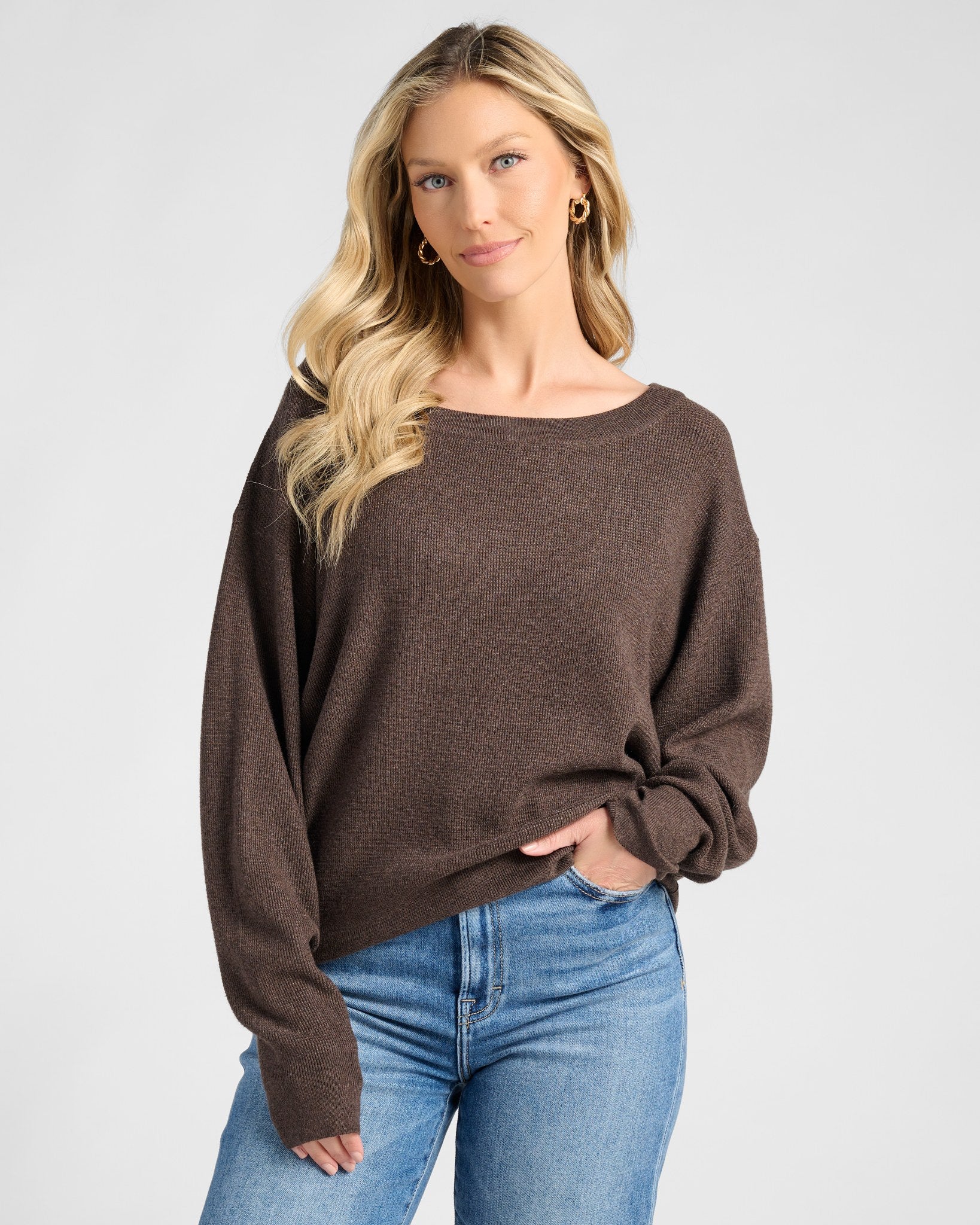 Seal Brown $|& Herizon Wanderer Waffle One Shoulder Sweater - SOF Front