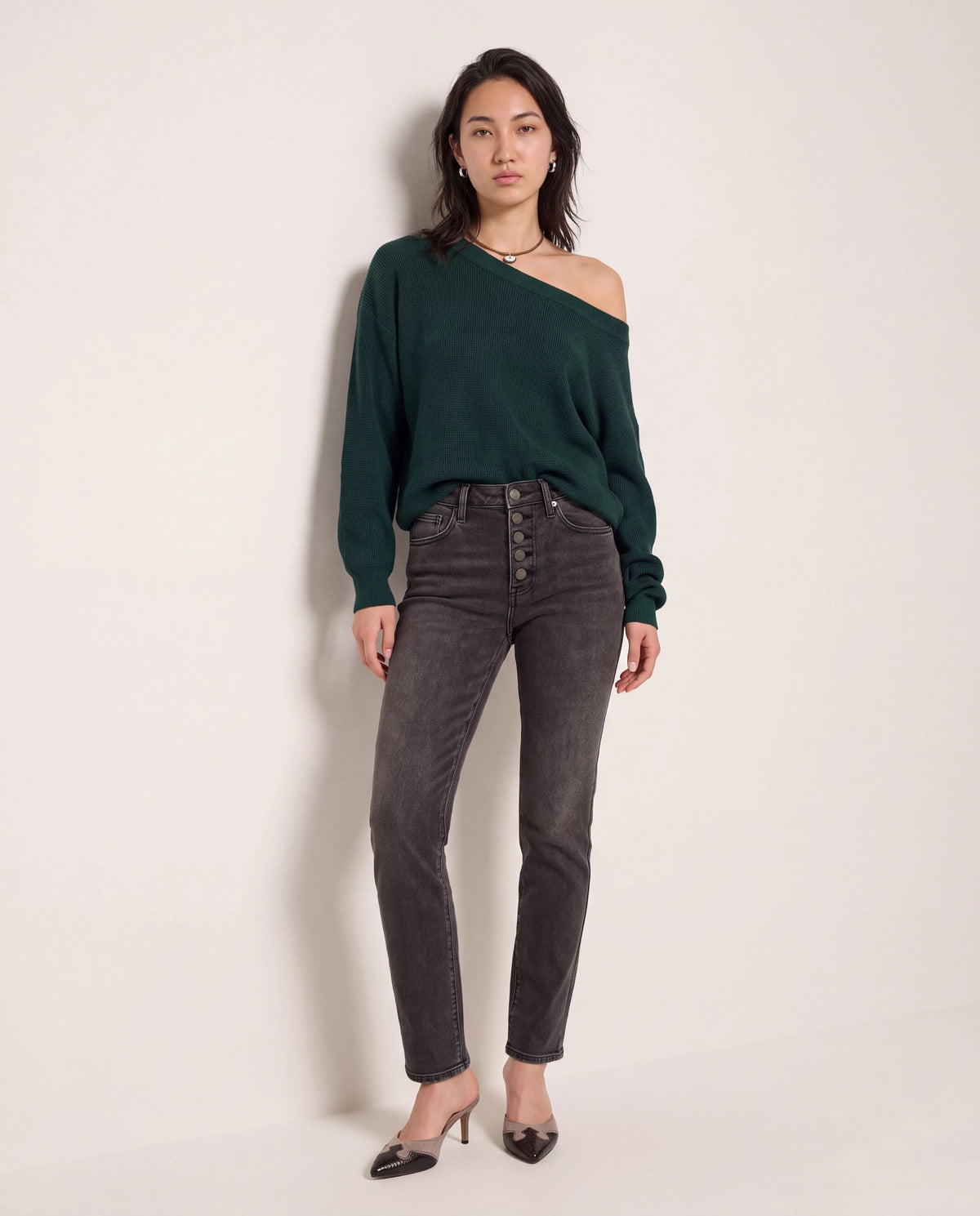 Hunter Green $|& Herizon Wanderer Waffle One Shoulder Sweater - SOF Back