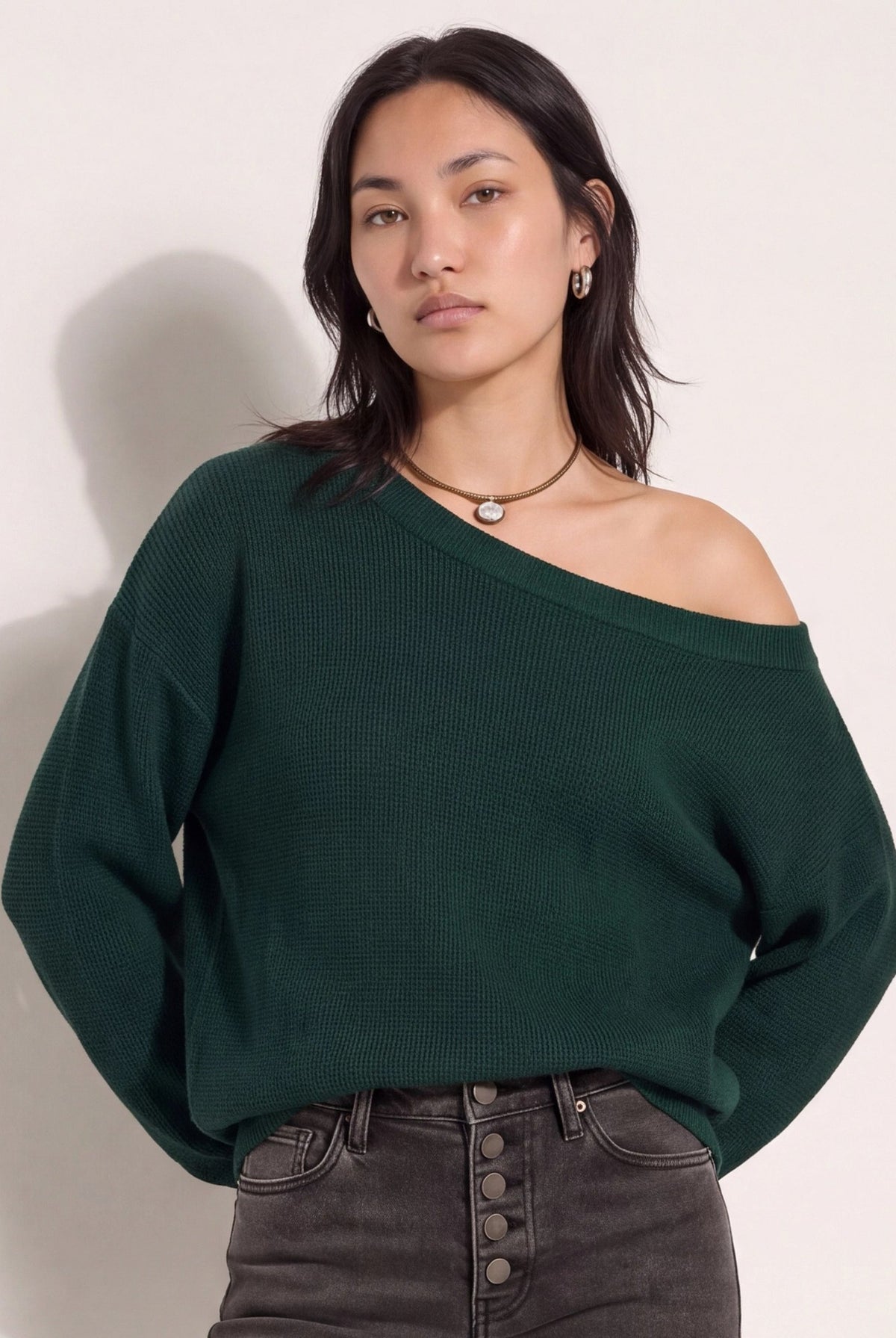 Hunter Green $|& Herizon Wanderer Waffle One Shoulder Sweater - SOF Front