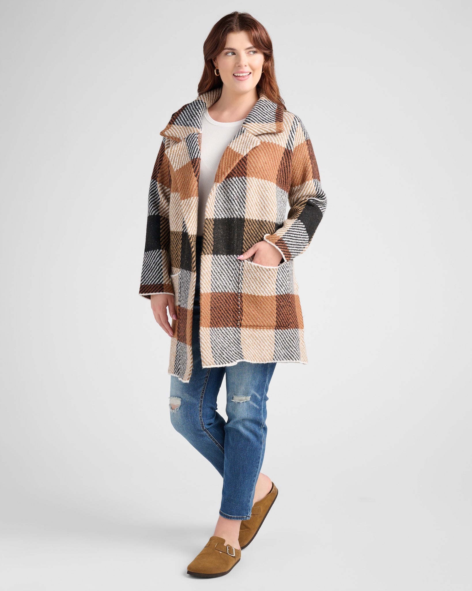 Tan Big Checker $|& OneWorld Sweater Coatigan - SOF Front