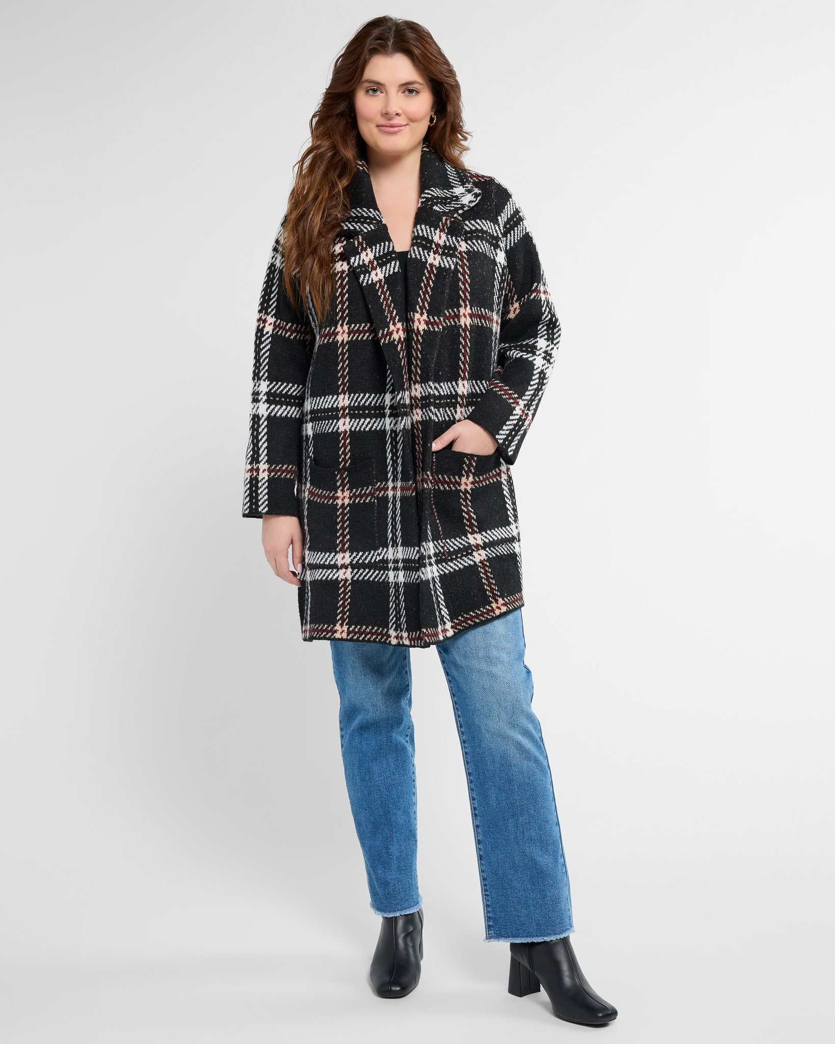 Black/Red/Ivory $|& OneWorld Plaid Sweater Coatigan - SOF Full Front