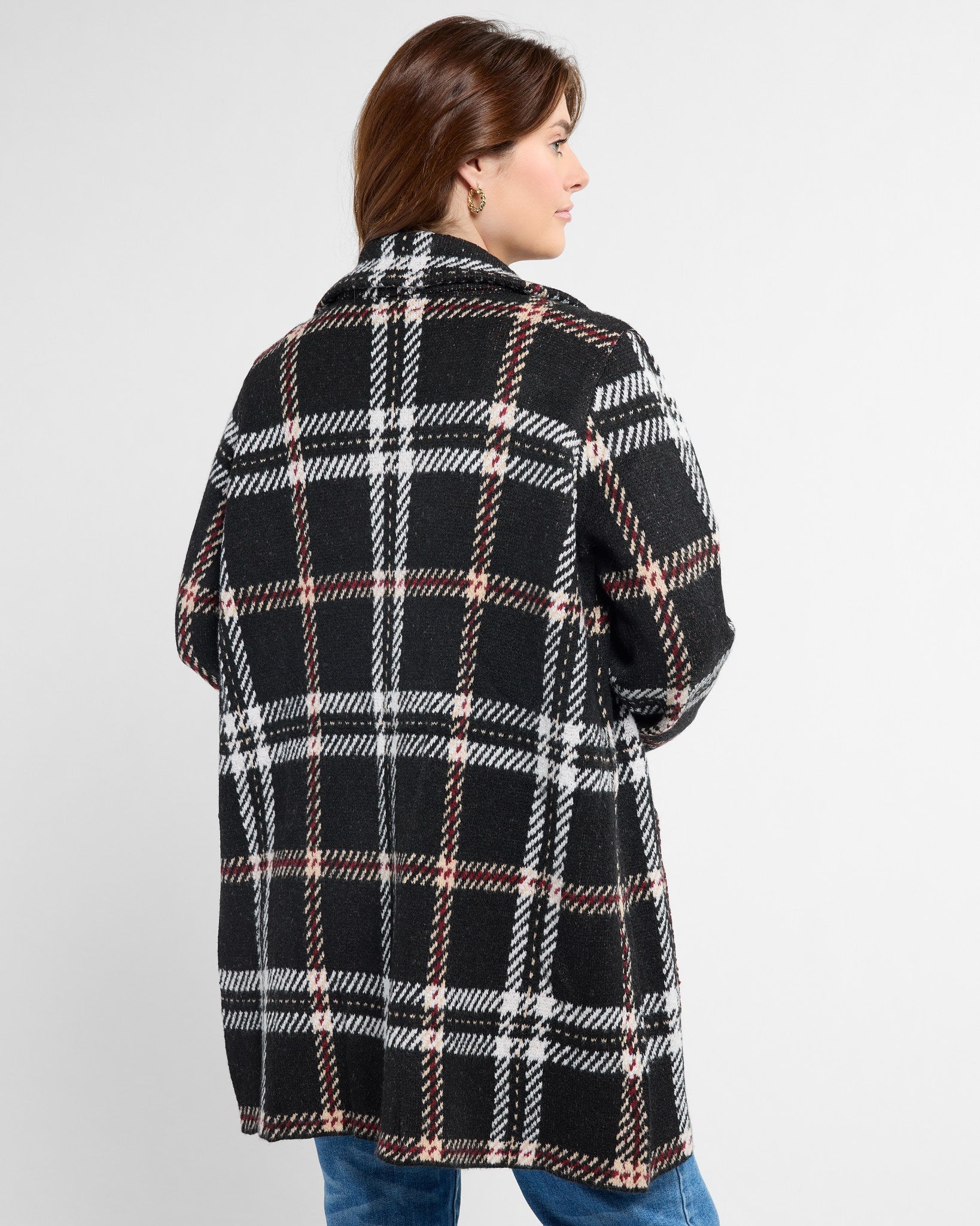 Black/Red/Ivory $|& OneWorld Plaid Sweater Coatigan - SOF Back