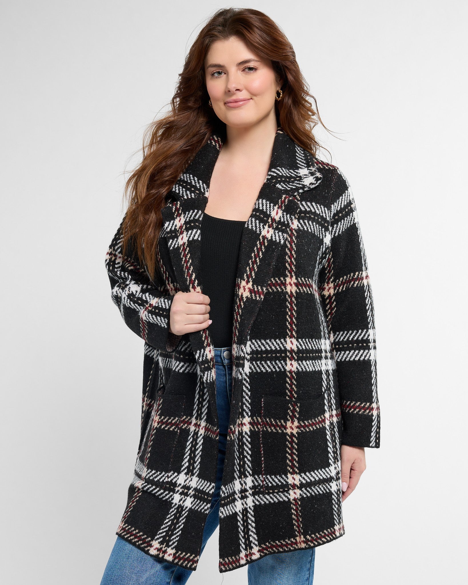 Black/Red/Ivory $|& OneWorld Plaid Sweater Coatigan - SOF Front