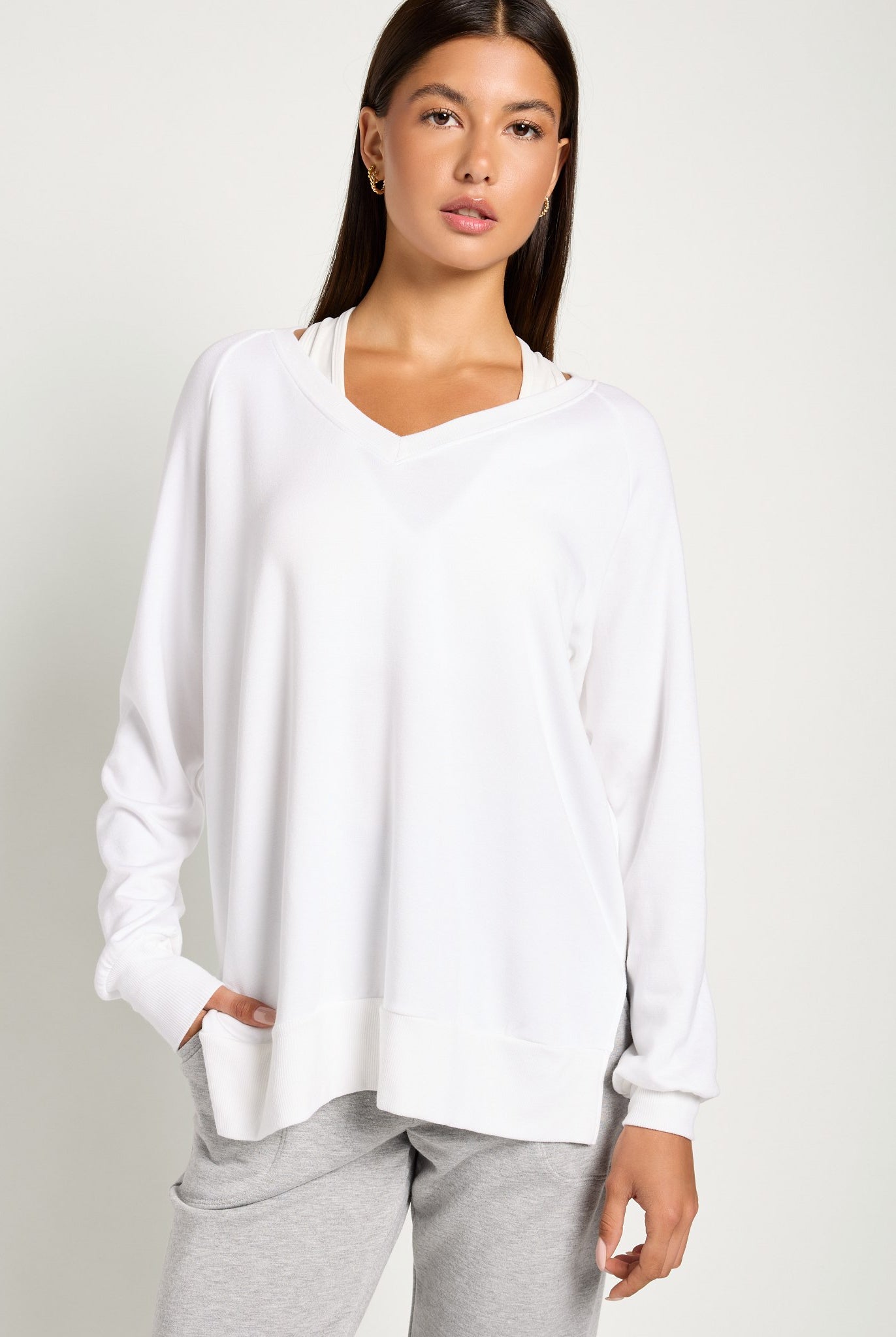 White $|& Interval Flex Fleece V-Neck Top - SOF Front