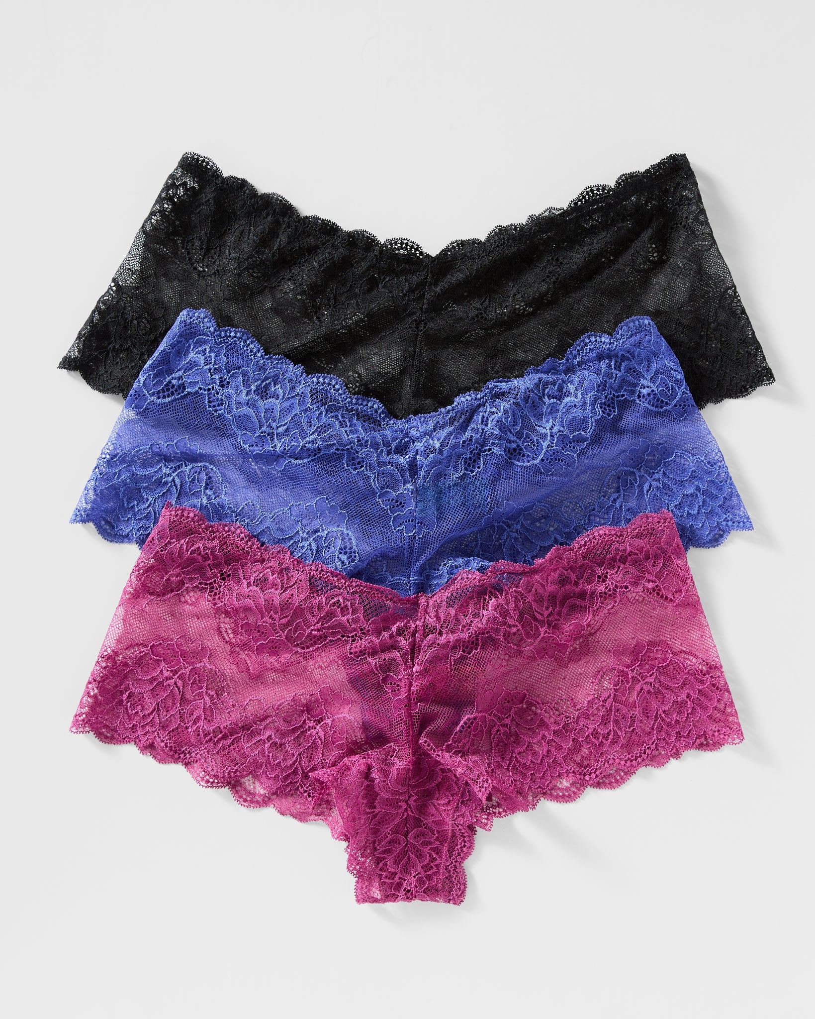 Cranberry/Sapphire/Black 3 Pack $|& Montelle Lace Cheeky Boyshort 3 Pack - SOF Front