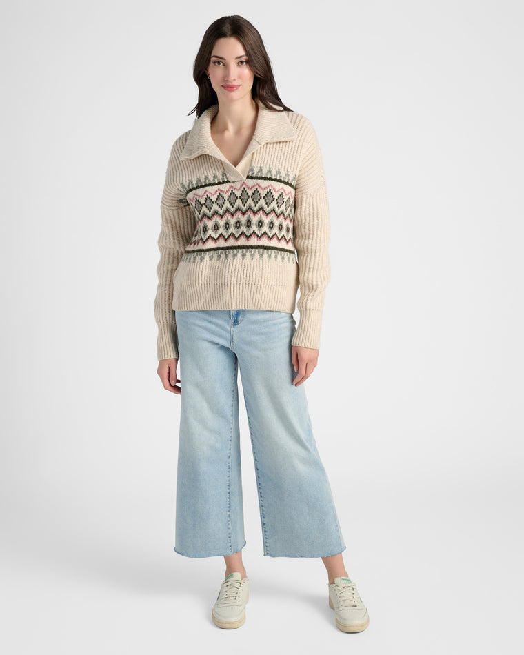 Green Multi $|& Herizon Patterned V-Neck Collared Pullover - SOF Full Front