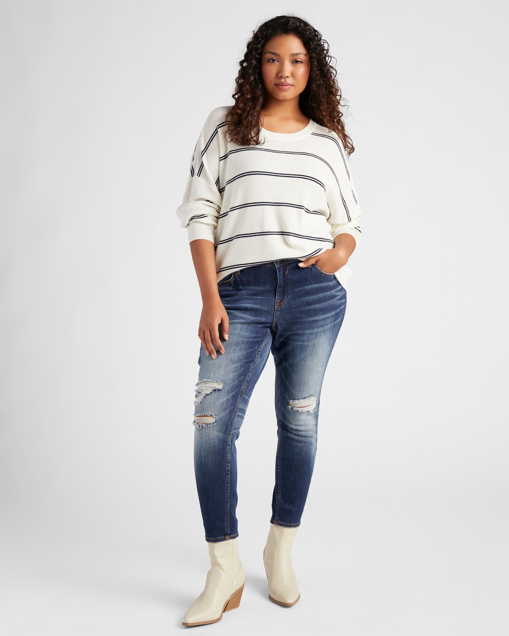 Ivory Navy $|& SEAS Crew Neck Stripe Long Sleeve - SOF Full Front