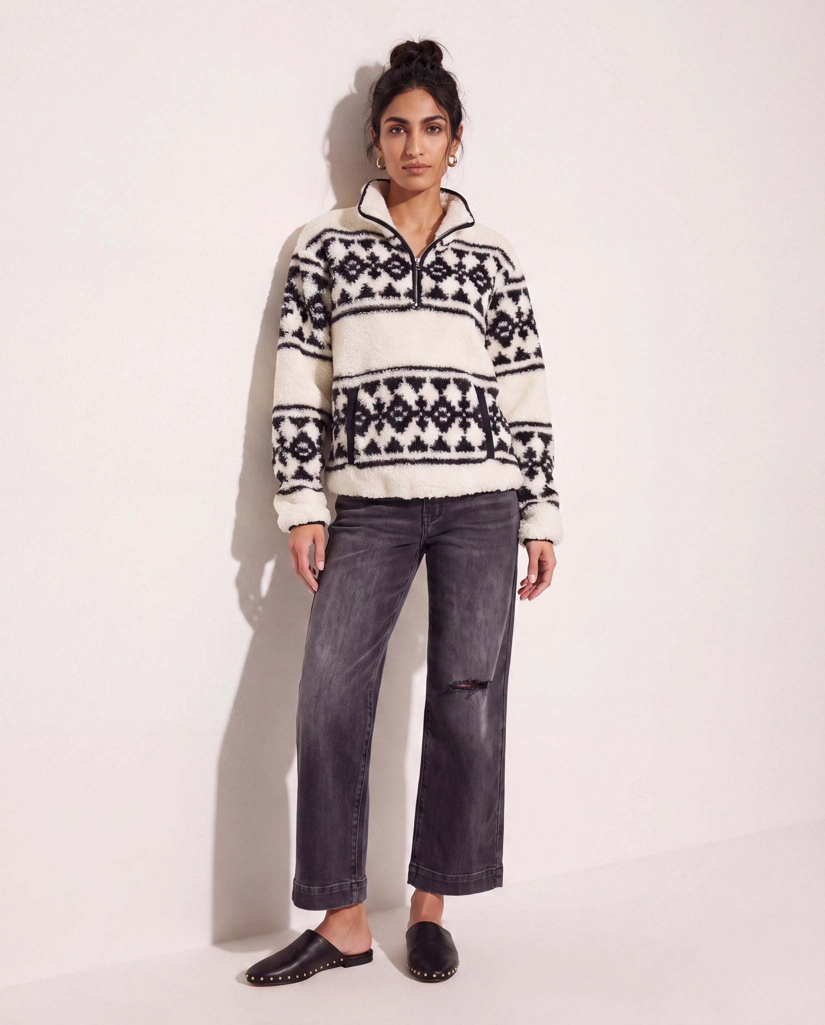 Cream Geo Stripe $|& SEAS Printed Sherpa Quarter Zip - SOF Back