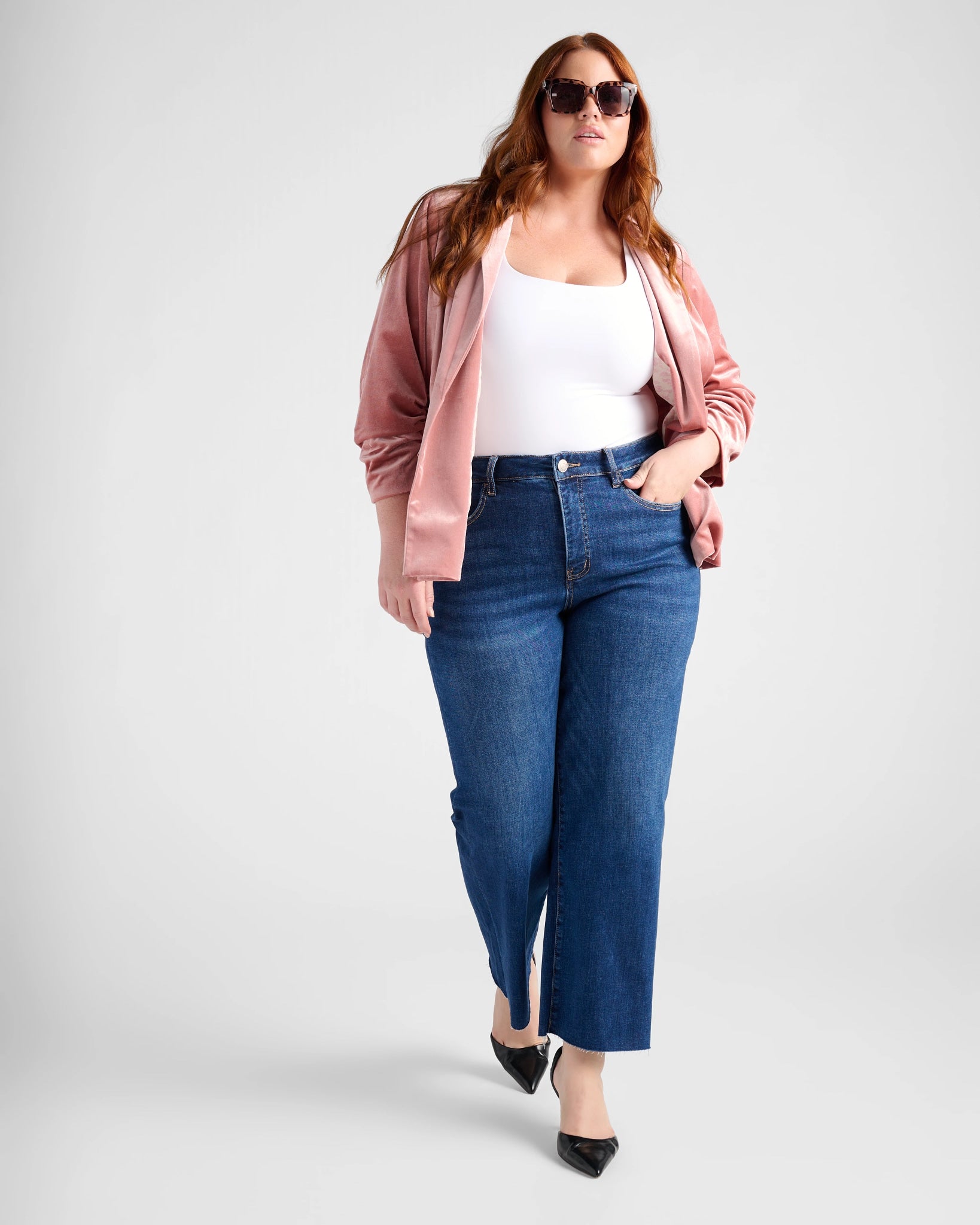 Dusty Rose $|& Skies Are Blue Ruched Sleeve Velvet Blazer - SOF Full Front