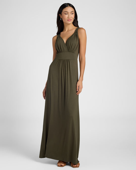 Olive $|& Loveappella Solid V Strap Maxi Dress - SOF Front