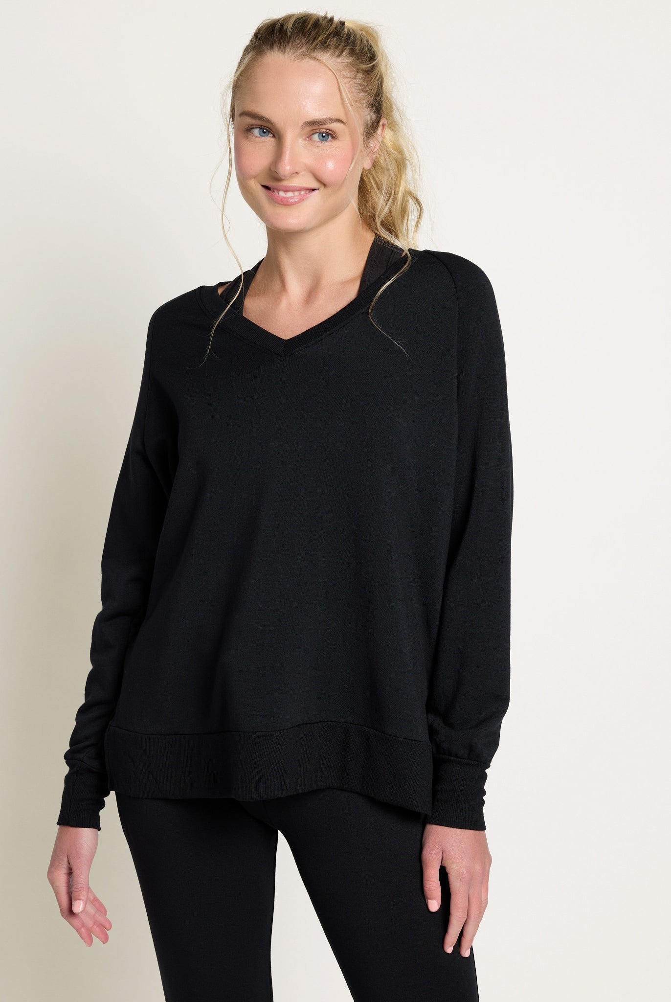 Black $|& Interval Flex Fleece V-Neck Top - SOF Front