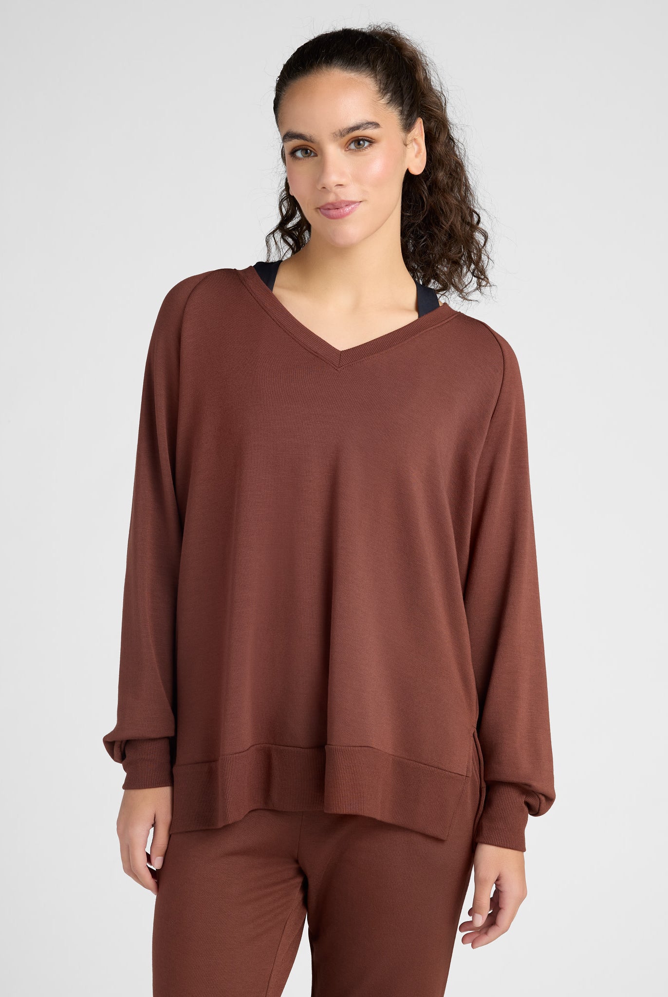 Chocolate Fondant $|& Interval Flex Fleece V-Neck Top - SOF Front