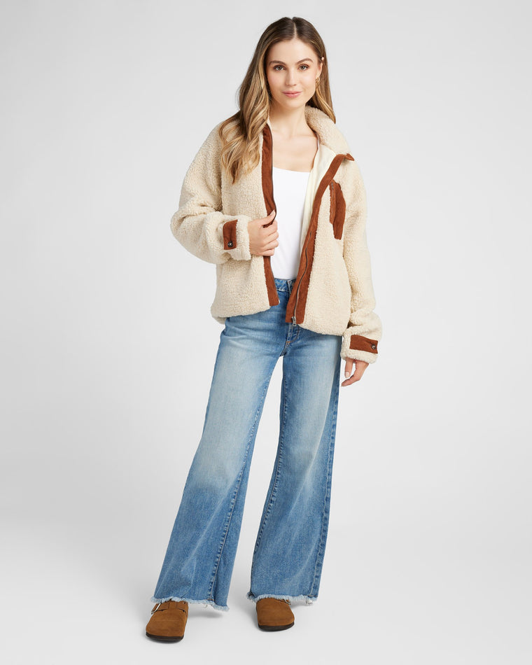 Cream/Brown $|& Herizon Sherpa Jacket with Corduroy Pocket - SOF Full Front
