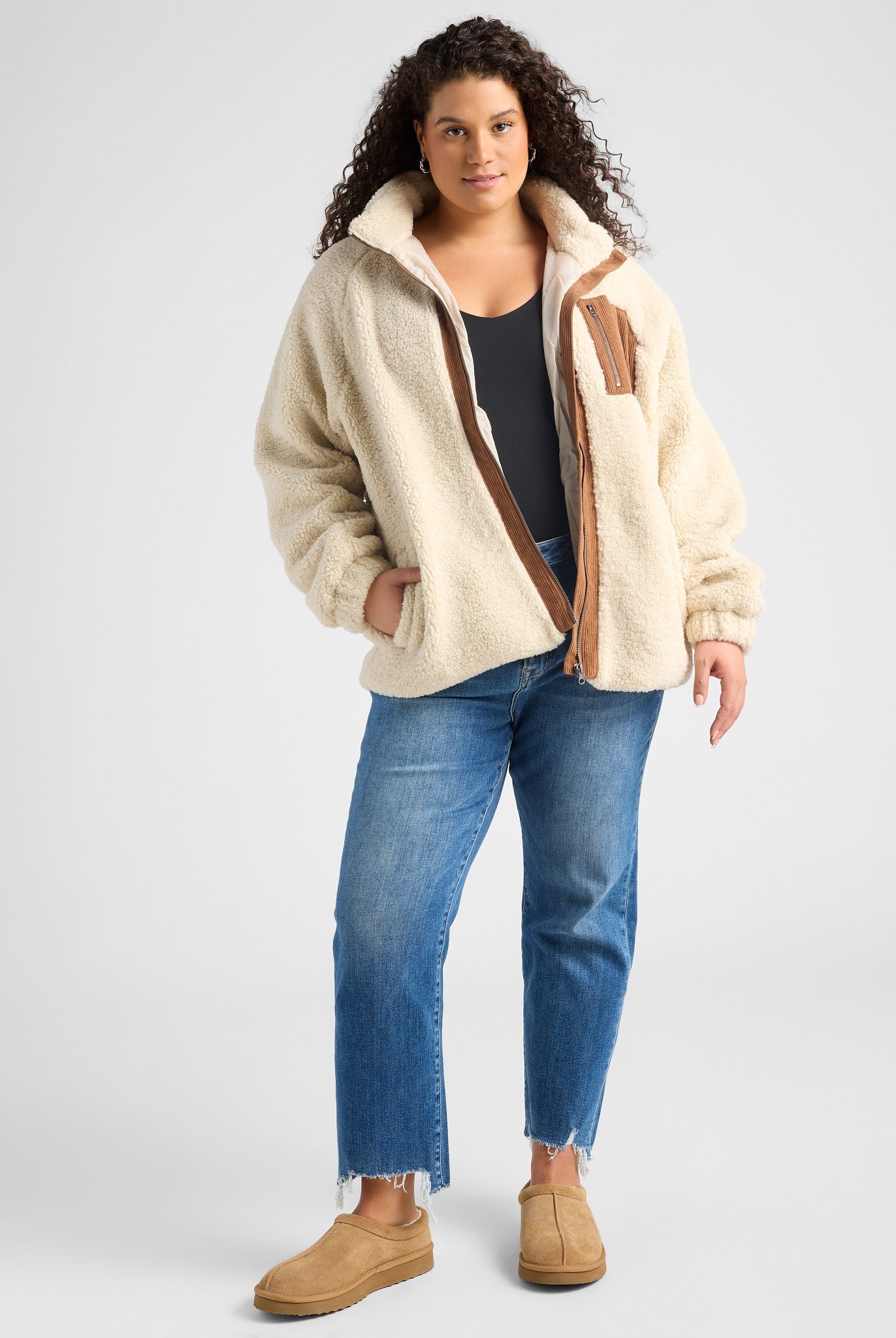 Cream/Brown $|& Herizon Sherpa Jacket withCorduroy Pocket - SOF Full Front
