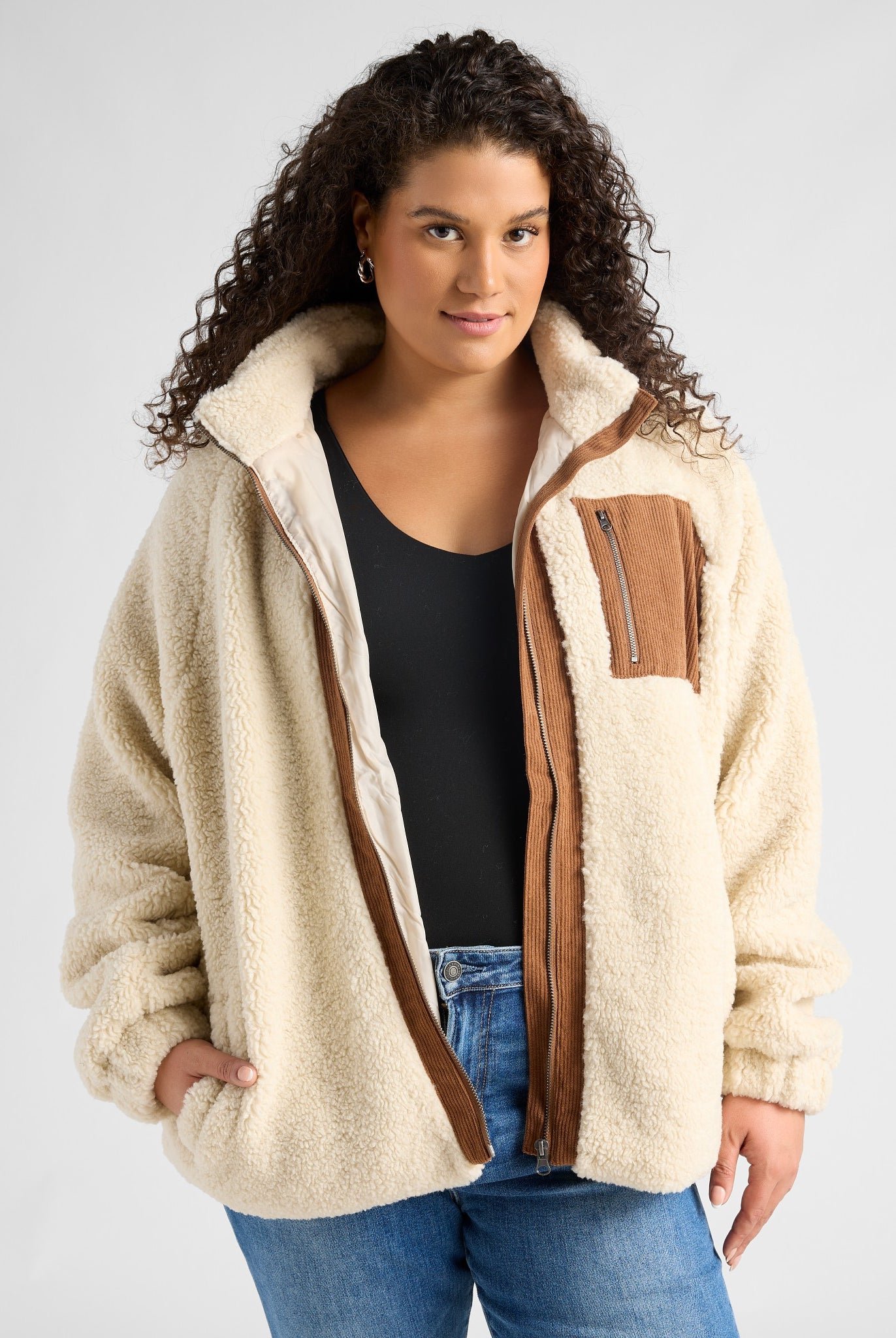 Cream/Brown $|& Herizon Sherpa Jacket withCorduroy Pocket - SOF Front