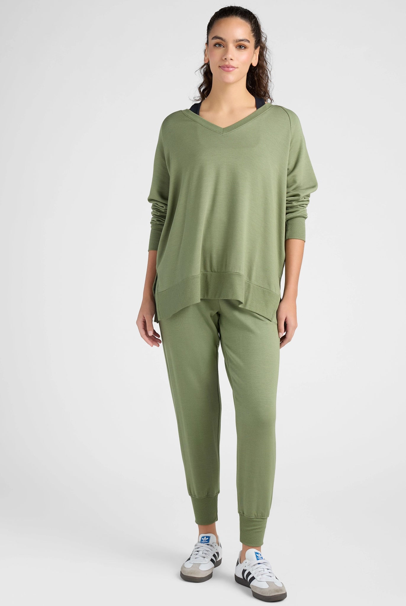 Four Leaf Clover $|& Interval Flex Fleece V-Neck Top - SOF Full Front