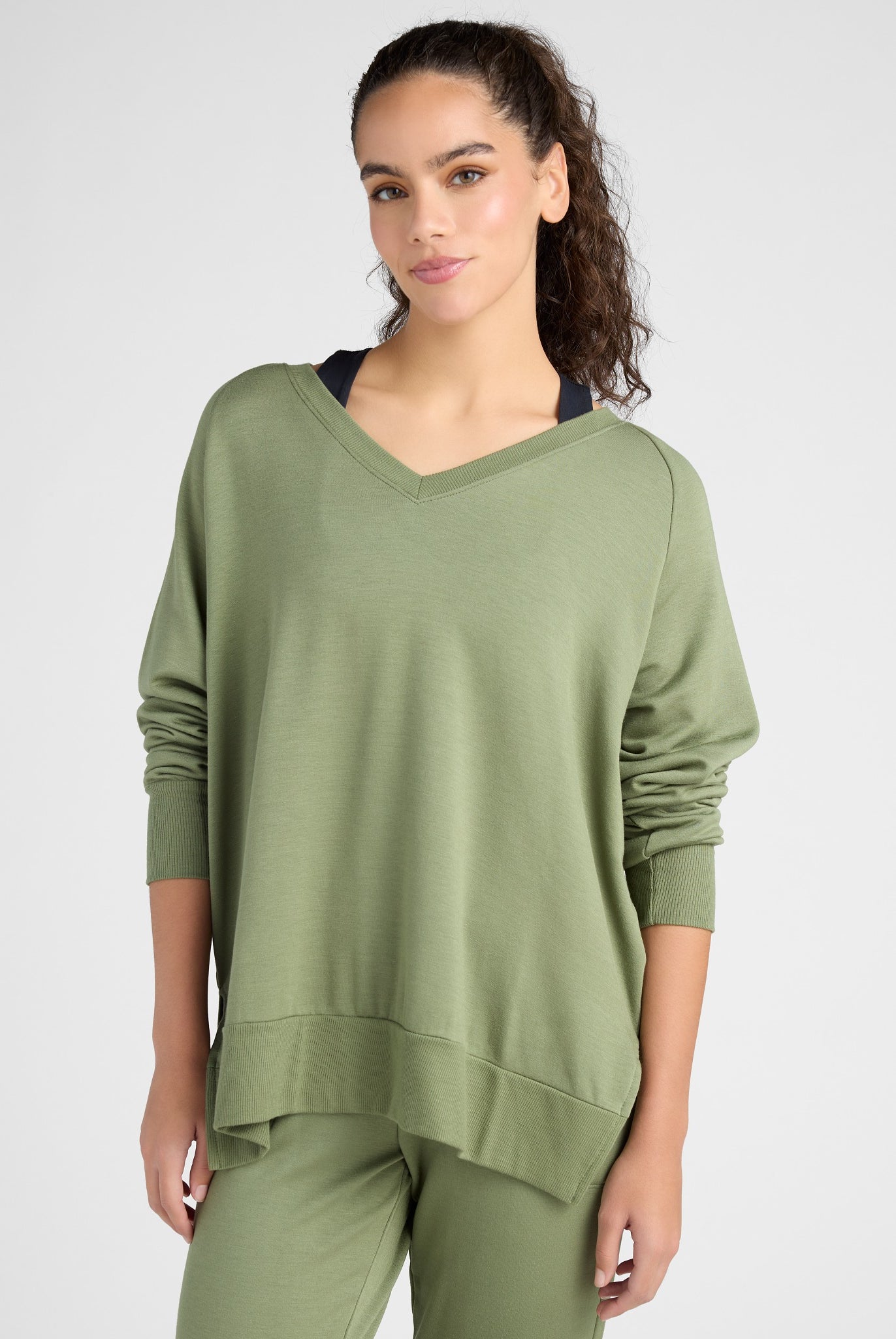 Four Leaf Clover $|& Interval Flex Fleece V-Neck Top - SOF Front