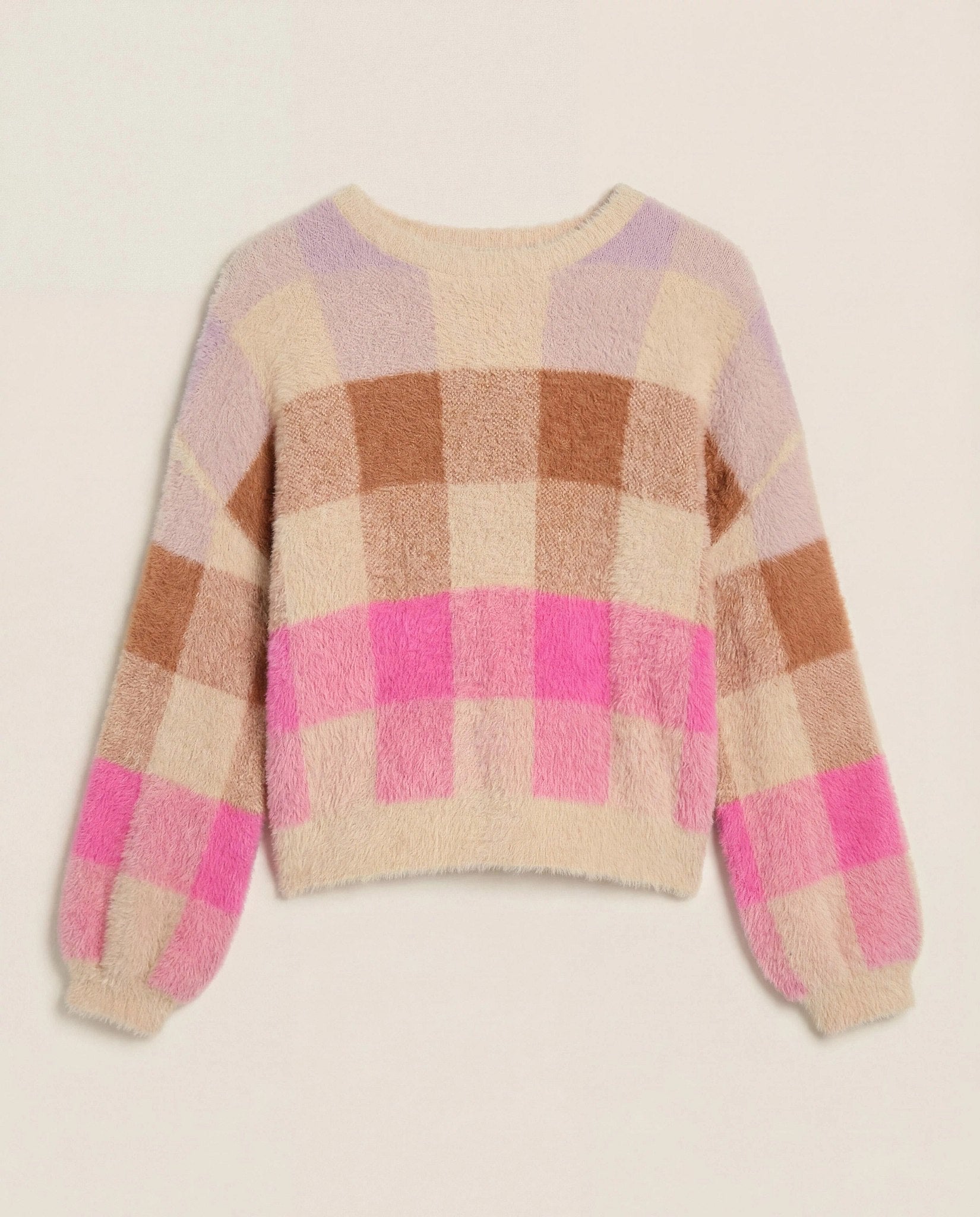 Lilac/ Chocolate/ Hot Pink Plaid $|& SEAS Eyelash Plaid Sweater - Hanger Detail