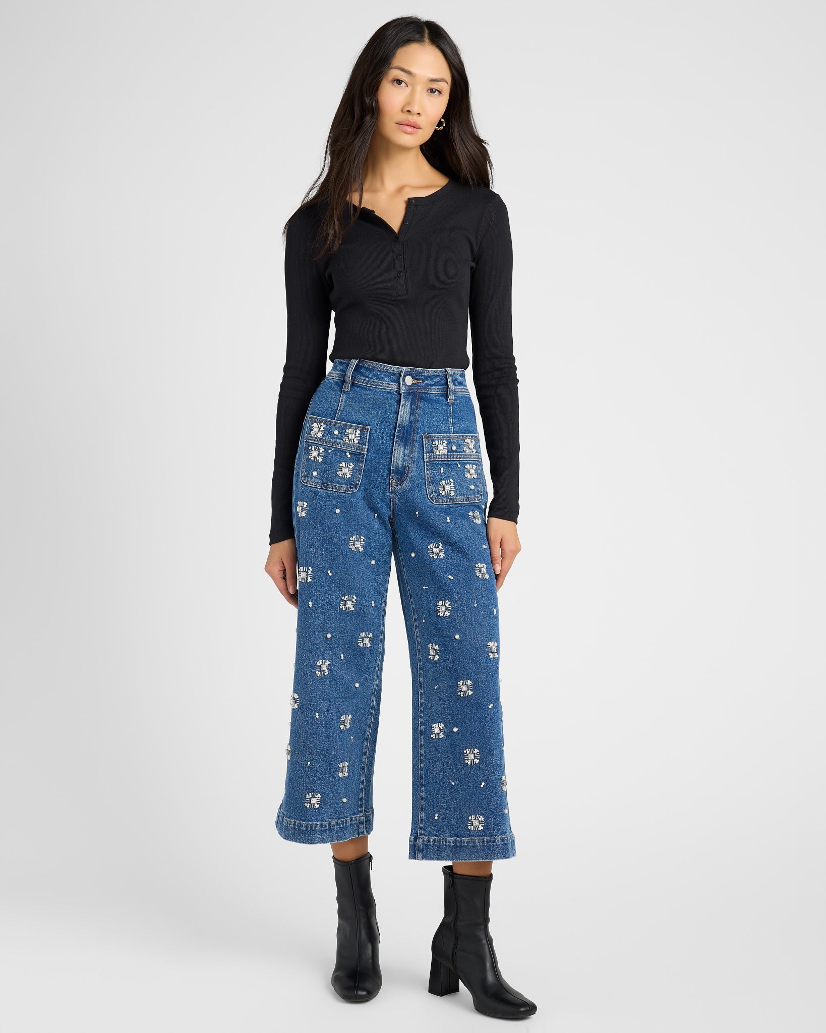 Embellished $|& Dear John Audrey High Rise Bejeweled Wide Leg Jeans - SOF Full Front