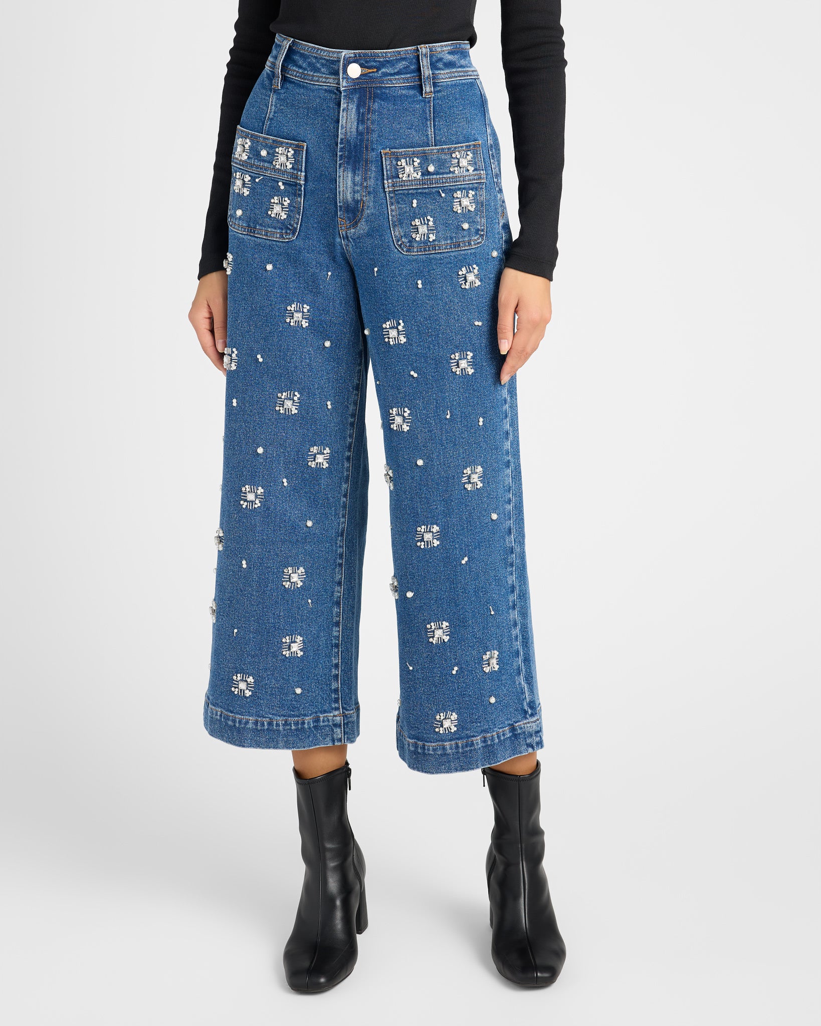 Embellished $|& Dear John Audrey High Rise Bejeweled Wide Leg Jeans - SOF Front