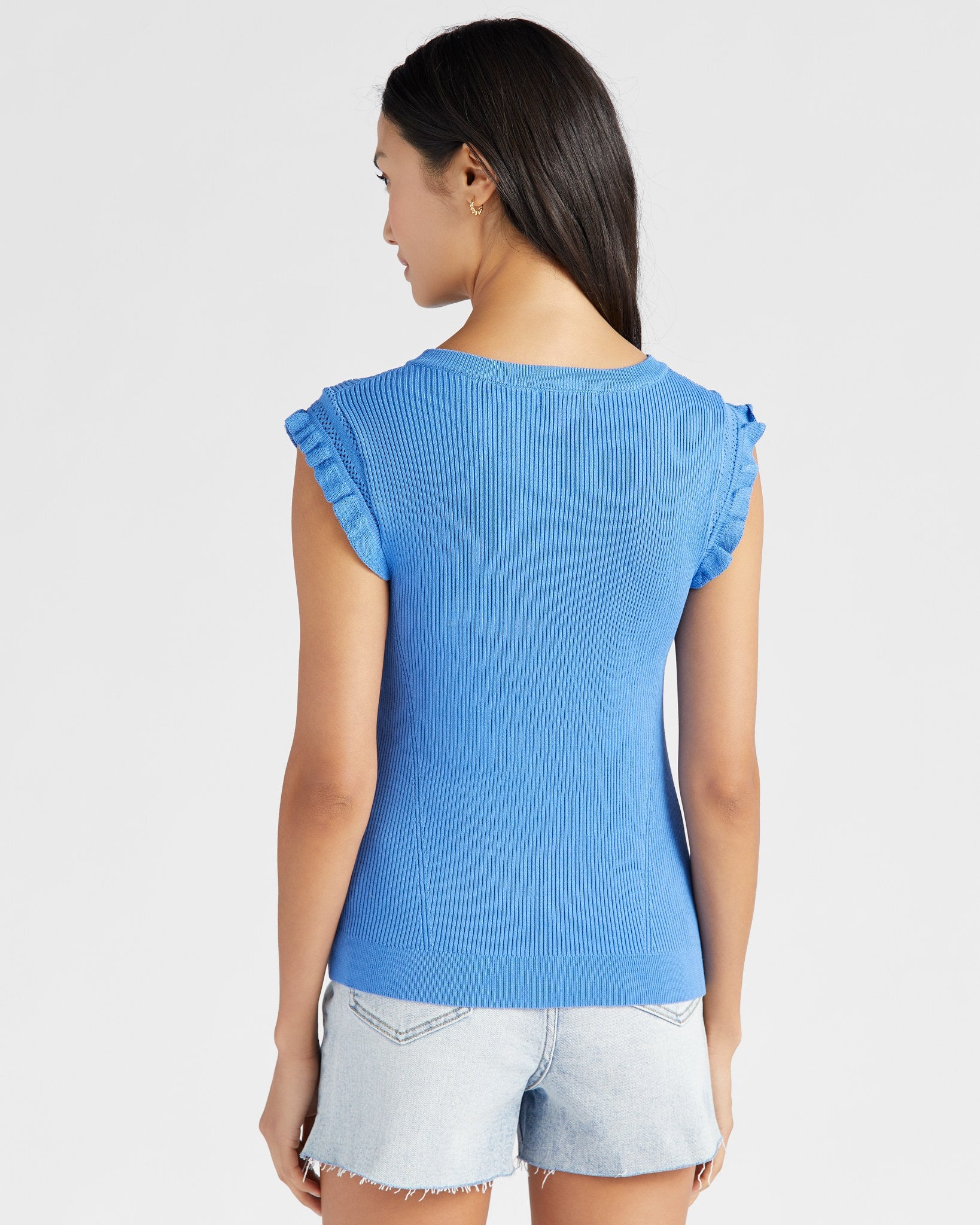 French Blue $|& Skies Are Blue Ruffle Sleeve Ribbed Solid Top - SOF Back