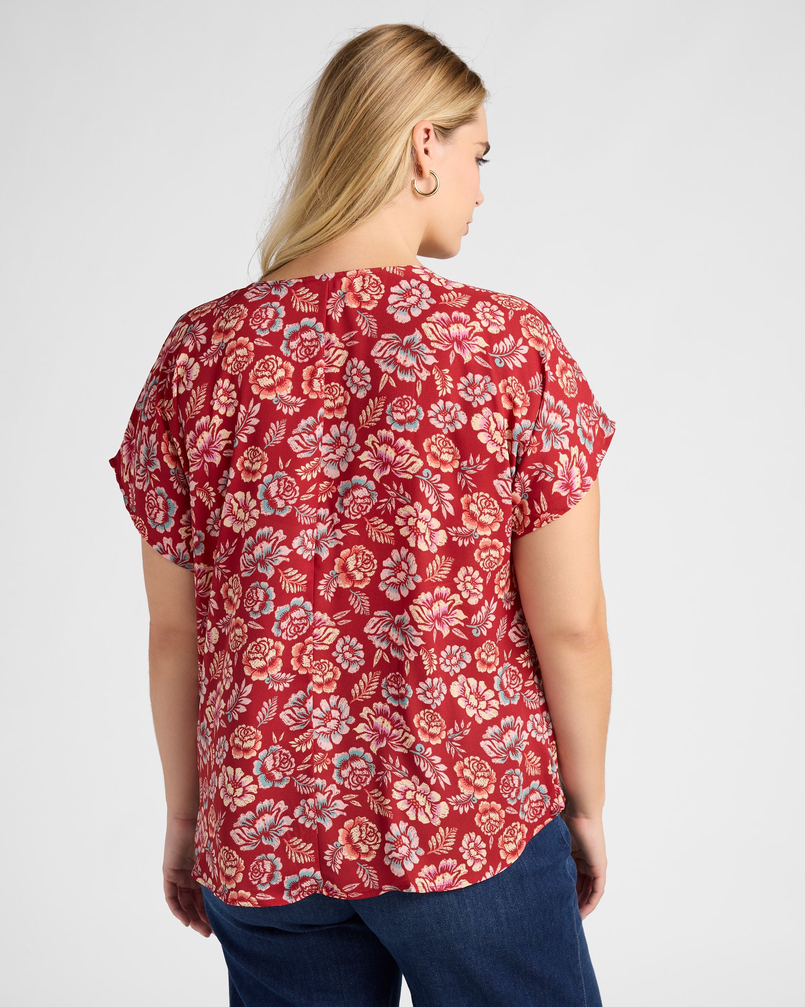 Red $|& West Kei Floral Woven Short Sleeve Twist Front Top - SOF Back