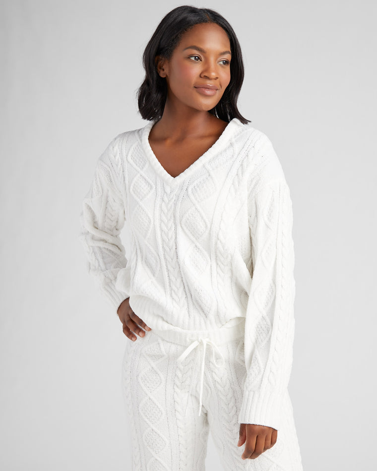 Ivory $|& PJ Salvage Cable Crew Lounge Pullover - SOF Front
