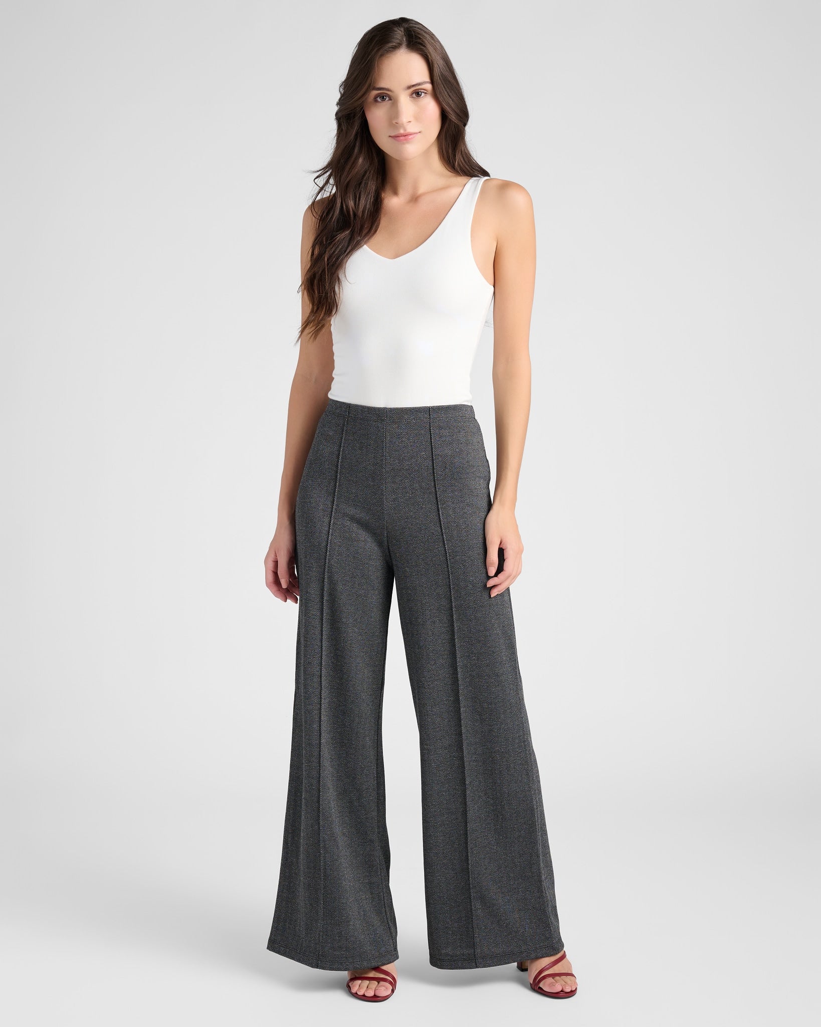 Black/Charcoal Herringbone $|& Max Studio High Waist Front Seam Wide Leg Ponte Pant - SOF Full Front
