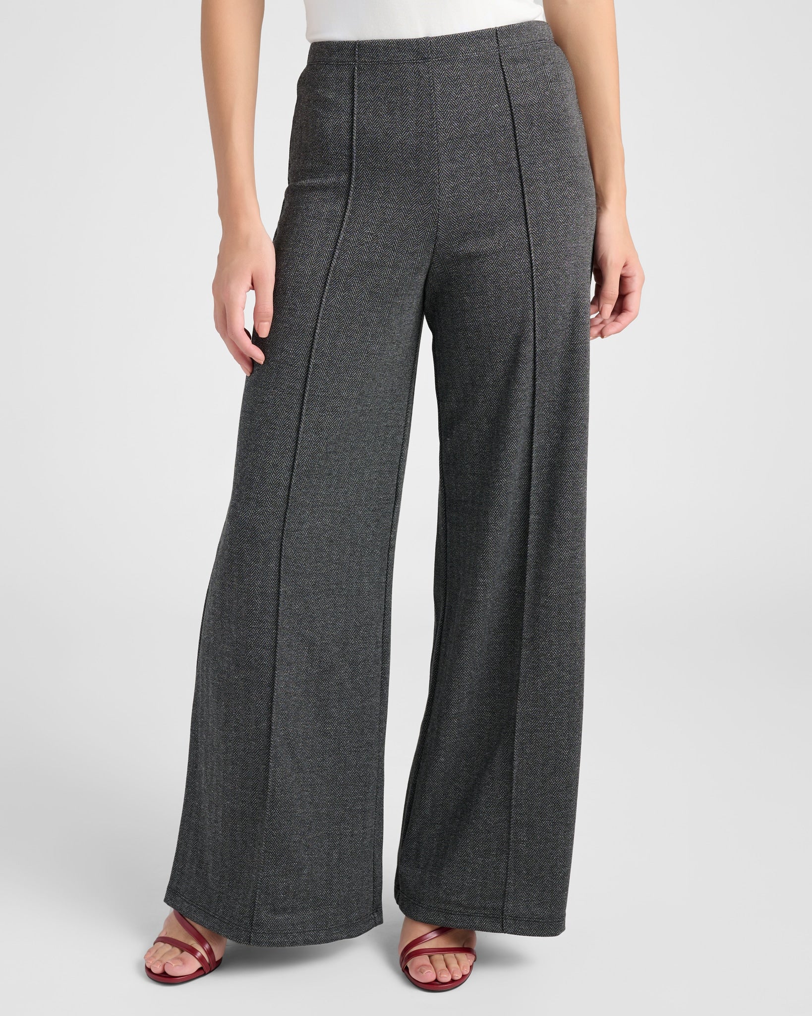 Black/Charcoal Herringbone $|& Max Studio High Waist Front Seam Wide Leg Ponte Pant - SOF Front