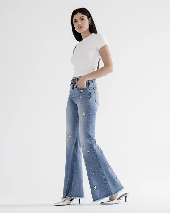 Sapphire Blue $|& Mica Denim Flare Leg Jeans With Star Embroidery - VOF Side