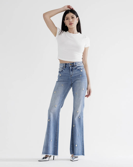 Sapphire Blue $|& Mica Denim Flare Leg Jeans With Star Embroidery - VOF Front