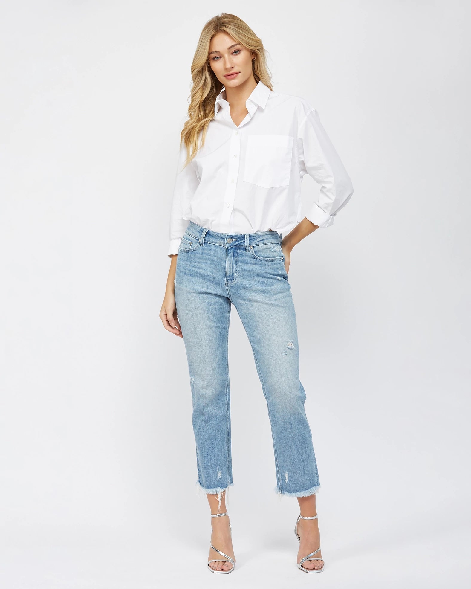 Power Blue $|& Mica Denim Mid Rise Cigarette Cropped Jeans - VOF Front