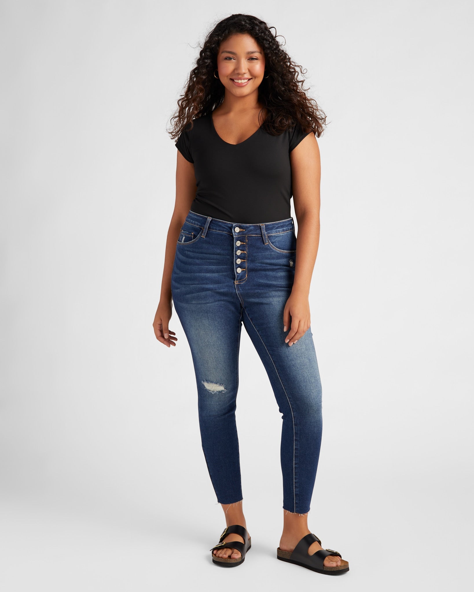 Dark Blue $|& Bayeas High Rise Button Fly Skinny Jeans - SOF Full Front