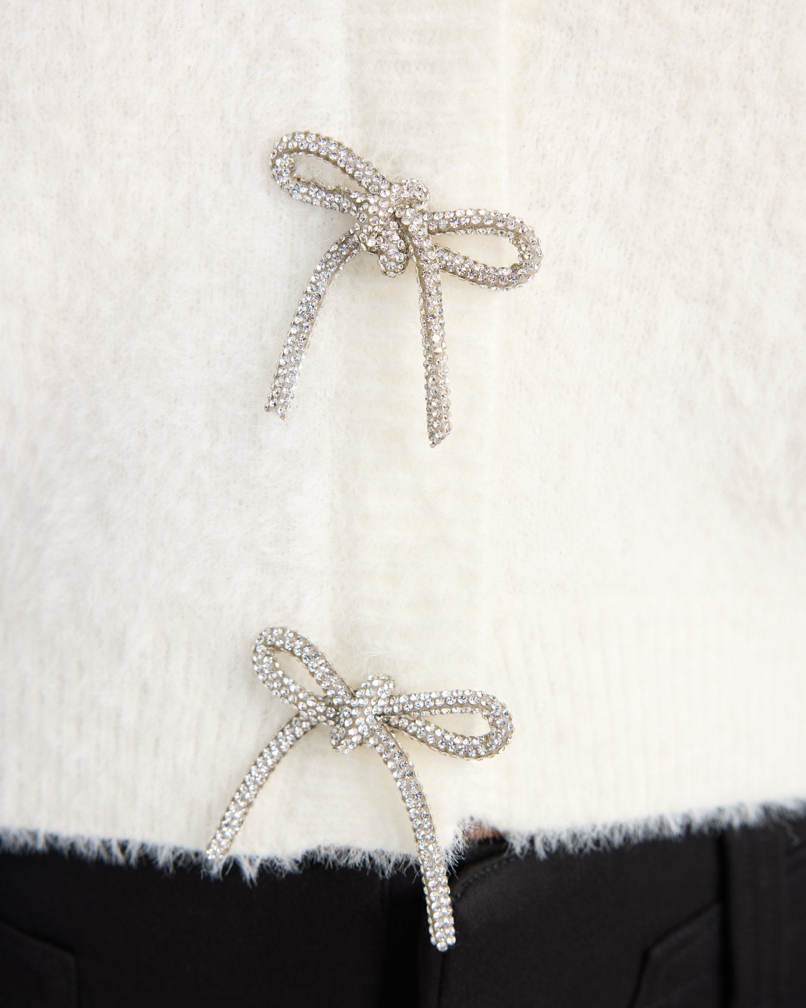 Ivory $|& Sadie & Sage Porcelain Cardigan with Rhinestone Bows - SOF Detail