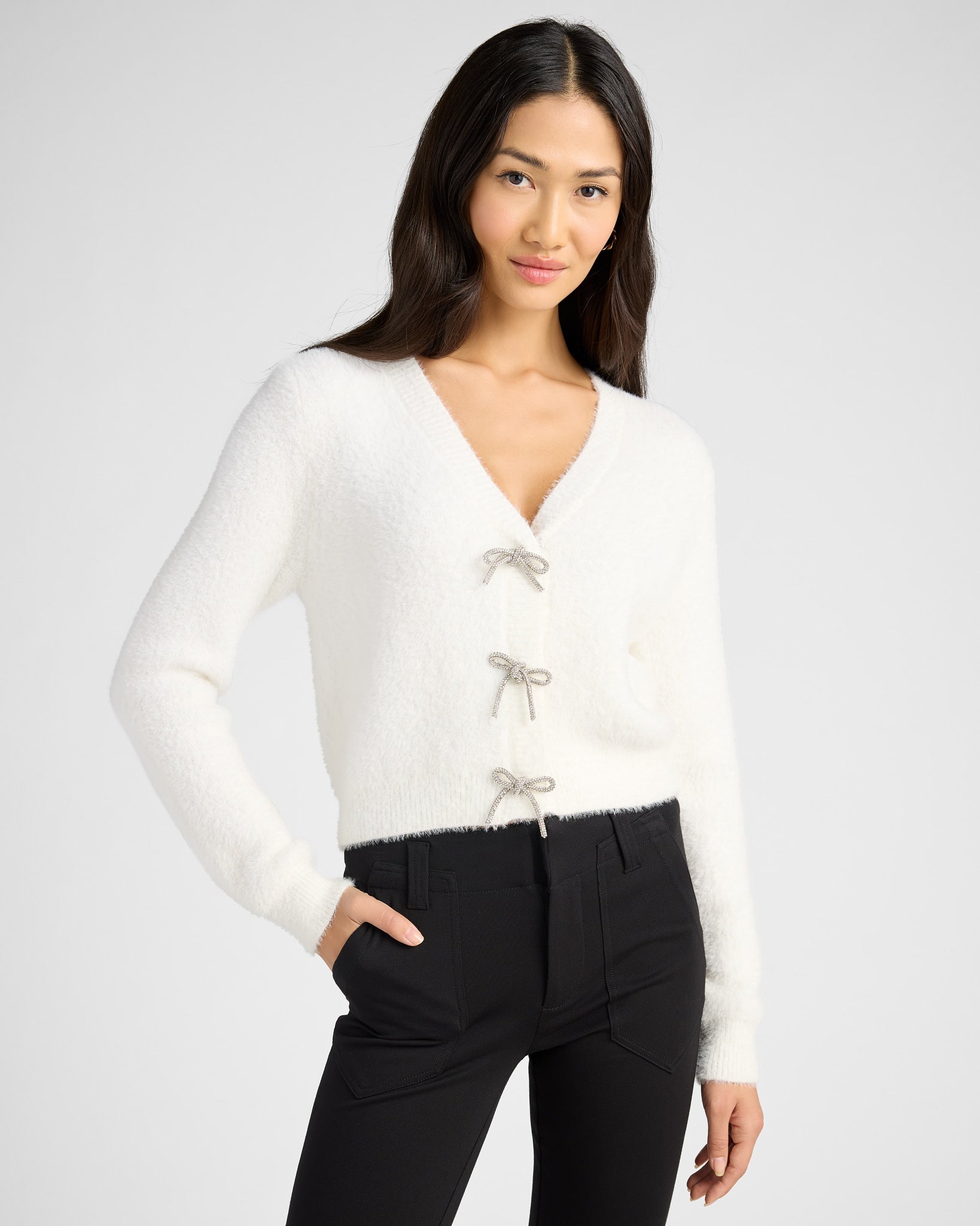 Ivory $|& Sadie & Sage Porcelain Cardigan with Rhinestone Bows - SOF Front