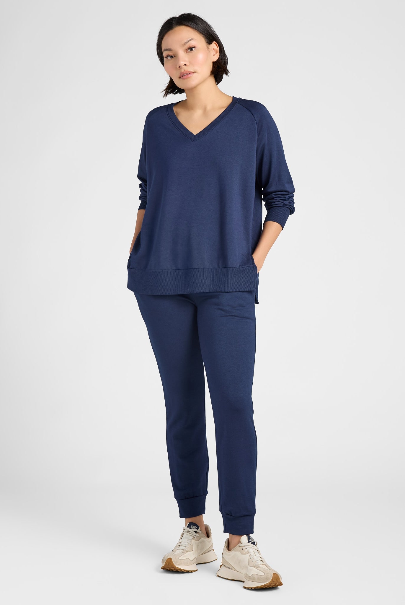 Navy $|& Interval Flex Fleece V-Neck Top - SOF Full Front