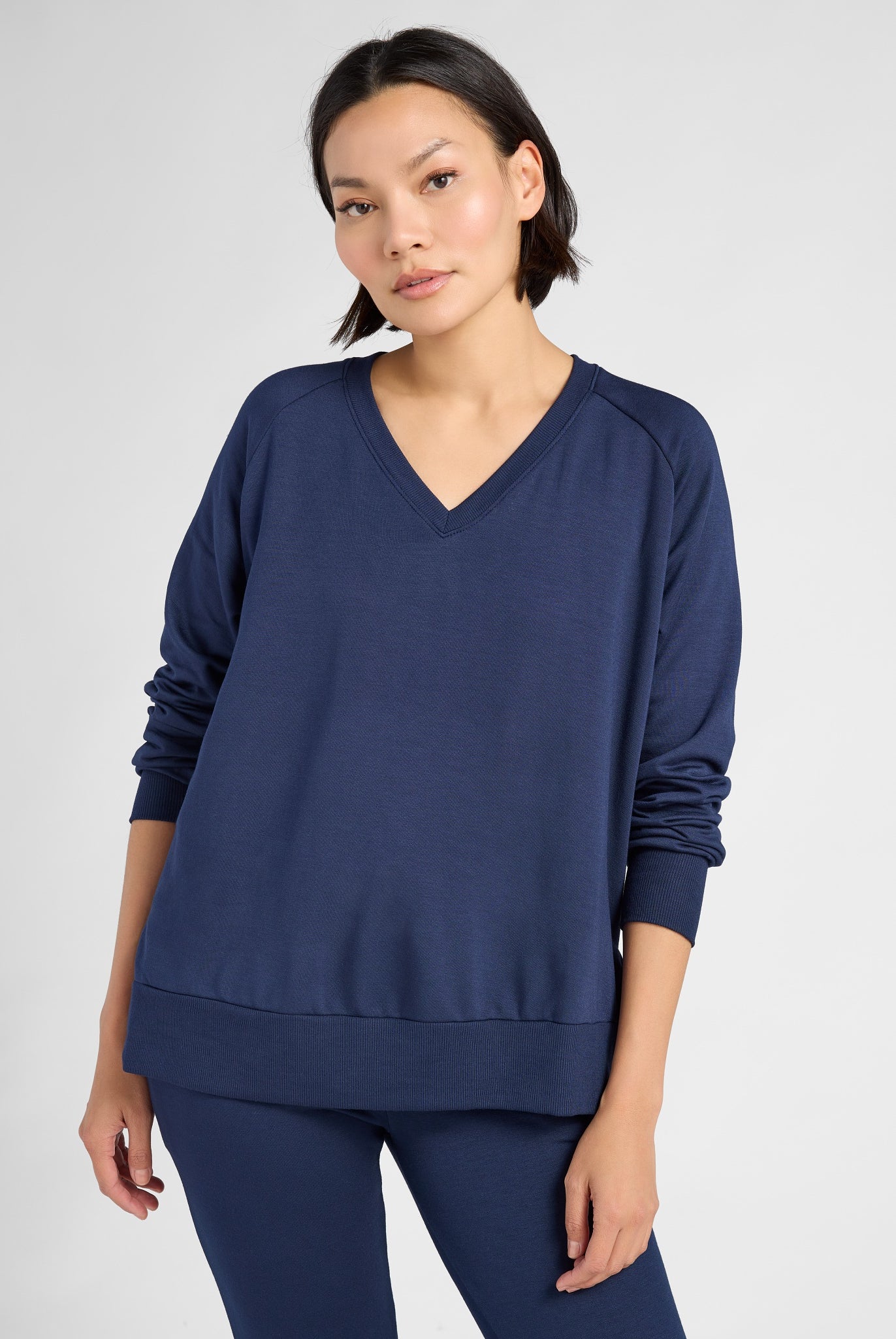 Navy $|& Interval Flex Fleece V-Neck Top - SOF Front