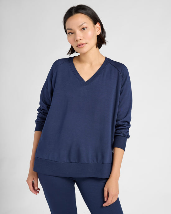 Navy $|& Interval Flex Fleece V-Neck Top - SOF Front